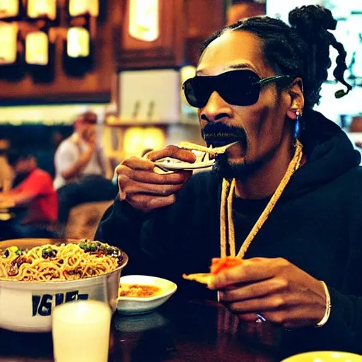 Image similar to Snoop Dog eating ramen in a restaurant