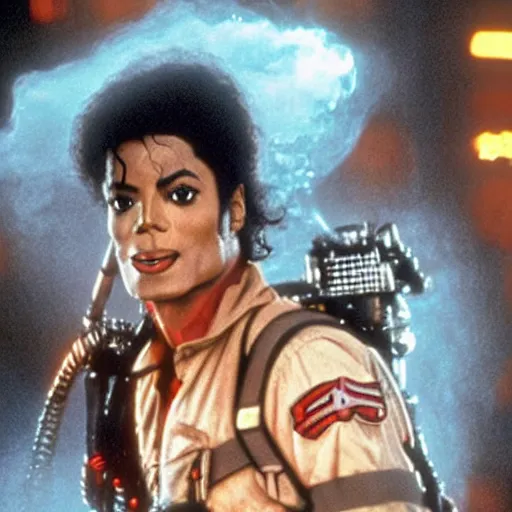 Image similar to stunning awe inspiring michael jackson with a highly detailed face as a ghostbuster in the movie ghostbusters, movie still 8 k hdr atmospheric lighting