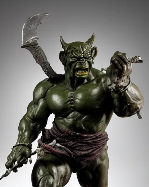 Image similar to a full figure rubber sculpture of running Orc holding a sword, by Frazetta and Bernini, dramatic lighting, wide angle lens