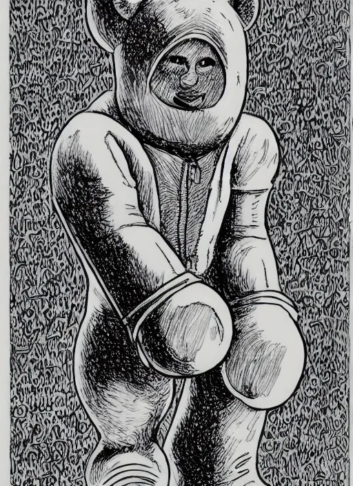 Image similar to tinky winky the teletubbie, full body, pen-and-ink illustration, etching, by Russ Nicholson, DAvid A Trampier, larry elmore, 1981, HQ scan, intricate details, Monster Manula, Fiend Folio