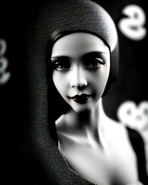 Image similar to black and white dreamy young beautiful female artificial intelligence, metropolis, cinematic, rim light, bokeh, photo - realistic, elegant, high detail, 8 k, masterpiece, photo taken in 1 9 3 0