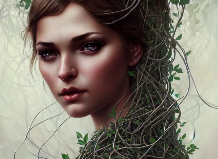 Image similar to highly detailed beautiful woman wrapped up in vines, illustration, full body realistic eyes, artstation, cinematic lighting, hyperdetailed, detailed realistic symmetrical eyes, cgsociety, 8k, high resolution, Charlie Bowater, Tom Bagshaw, Norman Rockwell, insanely detailed and intricate, clean white background