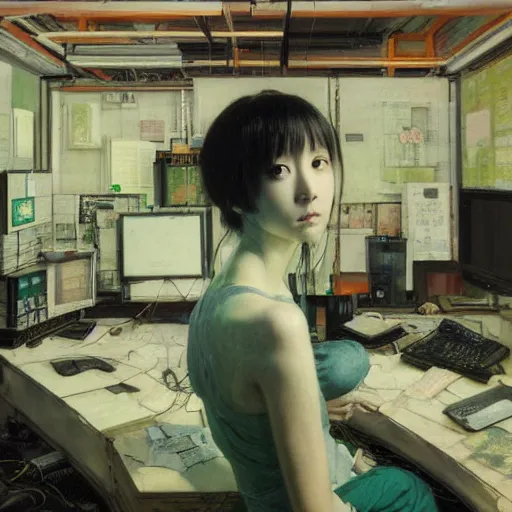 Image similar to portrait of lain iwakura, background room full of cables and computers by yoshitoshi abe, ruan jia and joao ruas, atmospheric, green and blue tones