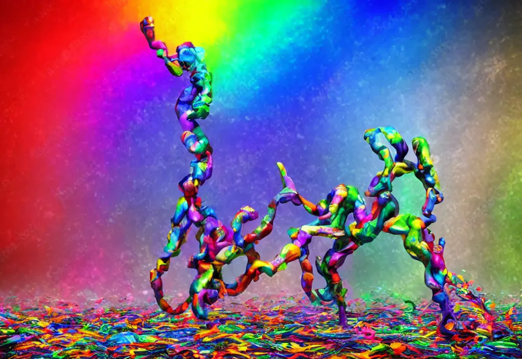 Image similar to people cowering in fear from the limitless creativity monster, rainbow colorful, hd rendering