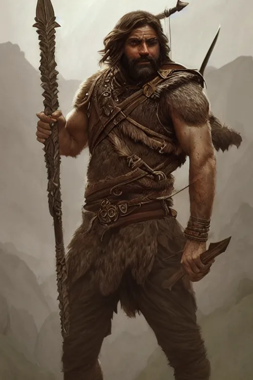 Image similar to full body portrait of a gruff ranger with a spear, lean and toned, handsome face, hairy chest and hairy body, D&D, fantasy, intricate, elegant, highly detailed, digital painting, artstation, concept art, matte, sharp focus, illustration, art by Artgerm and Greg Rutkowski and Alphonse Mucha