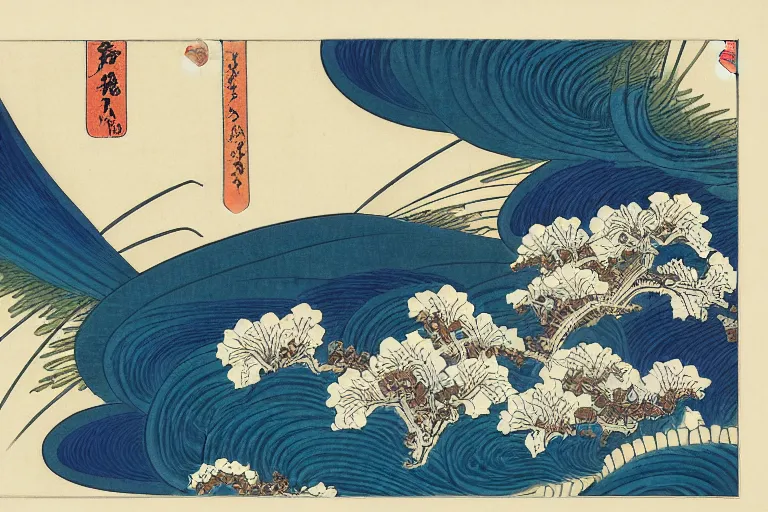 Prompt: a beautiful and hyperdetailed ukiyo - e drawing of a composition with irises by katsushika hokusai, in style by utagawa kuniyoshi and utagawa hiroshige, japanese print art, intricate, elegant, complex, illustration, clean 4 k