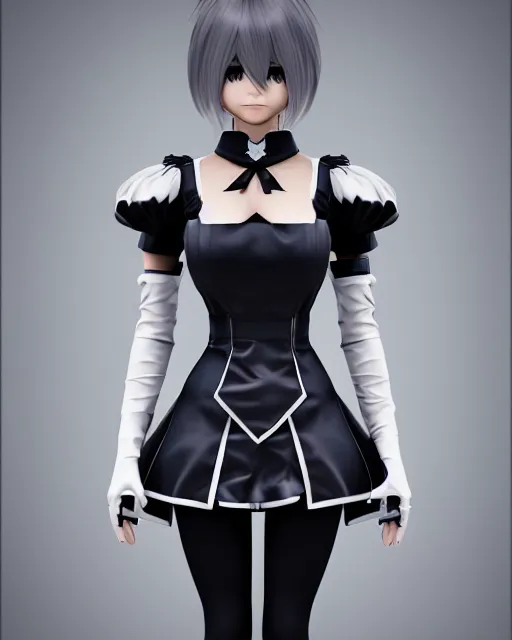 Prompt: 2B from NieR: Automata wearing a maid outfit, mechanical detail, cad, solidworks render