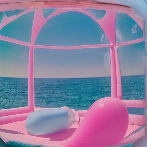 Prompt: a pastel colour high fidelity wide angle Polaroid art photo from a holiday album at a seaside of a large pink ship with abstract inflatable parachute furniture, all objects made of transparent iridescent Perspex and metallic silver, a grid of sun beds iridescence, nostalgic