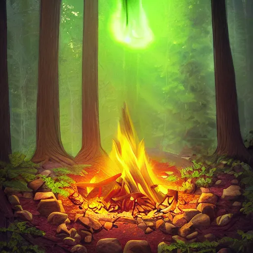 Prompt: a campfire in a forest, there is a black cauldron filled with a magical green glowing liquid hanging above the campfire, night, fantasy, digital art, mysterious, realistic