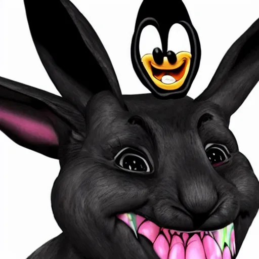 Image similar to A extremely highly detailed majestic hi-res beautiful, highly detailed head and shoulders portrait of a scary terrifying, horrifying, creepy maniacal crazy black cartoon rabbit with scary big eyes, earing a shirt laughing maniacally , let's be friends, in the style of a Walt Disney cartoon