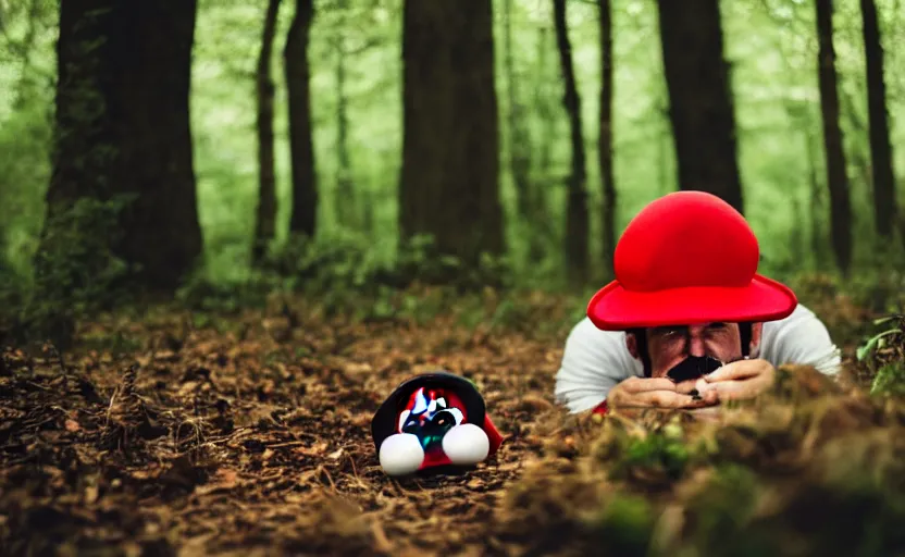 Image similar to italian man with a mustache dressed as mario wearing a solid red mario hat, crawling on the ground, eyes rolled back, licking a red mushroom with white spots, in a forest, photography, 5 0 mm lens, f 1. 8