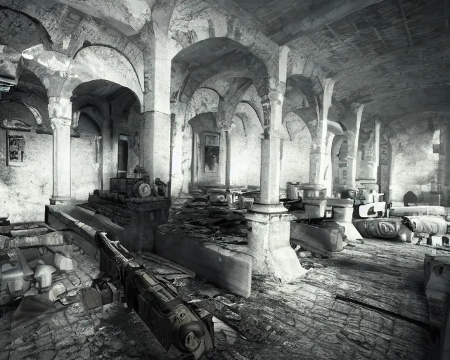 Prompt: game screenshot of a group of soldiers in an abandoned church, high exposure, dark, monochrome, camera, grainy, timestamp, zoomed in, game HUD, source engine footage, CS:GO screenshot, steam community