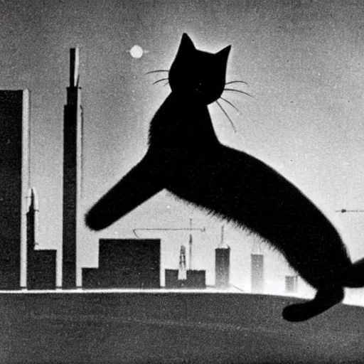 Prompt: 1 9 5 0's film scene of a giant black cat with laser eyes attacking a major city