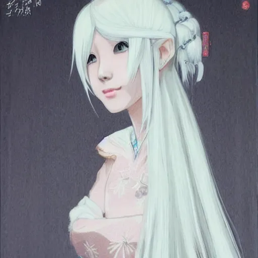 Image similar to Portrait of a japanese princess young lady, beauty, with a long white, white hair!!!, white hair!!!, ayaka cosplay, white hair!!!, young with white hair!!!!! artwork by Akihiko Yoshida