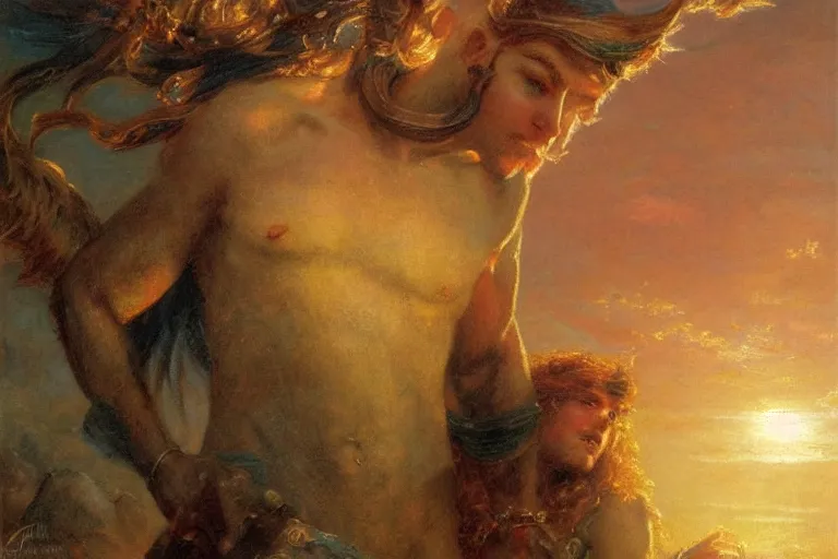 Prompt: portrait of a mythical hero named horizon, who lifts the sun into the sky every morning. art by gaston bussiere.