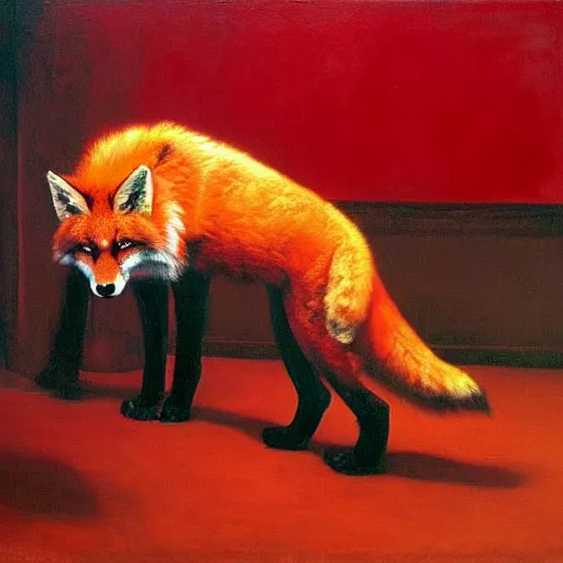 Prompt: only with red, in a red dream world, a crimson tiger tries to close an important deal with a red fox, in the style of beskinsky, part by hopper, part by rodcenko, part by hofbauer, intricate composition and red by caravaggio, insanely quality, masterpiece, oil on canvas, award winning, dramatic,