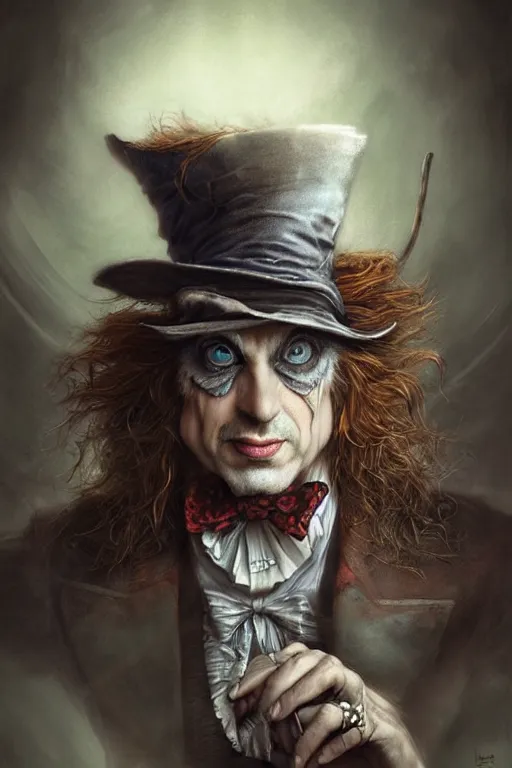 Image similar to mad hatter, portrait of a man, by wlop, by luis royo, by peter mohrbacher, concept art, digital illustration, intricate, masterpiece, elegant, super detailed, unreal engine rendering, smooth, sharp focus, artstation hq