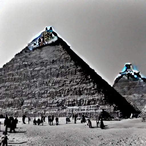 Image similar to a photograph of the great pyramid of giza at the early stages of construction with heavy scaffolding in place, the top of the pyramid has yet to be built, dslr high resolution
