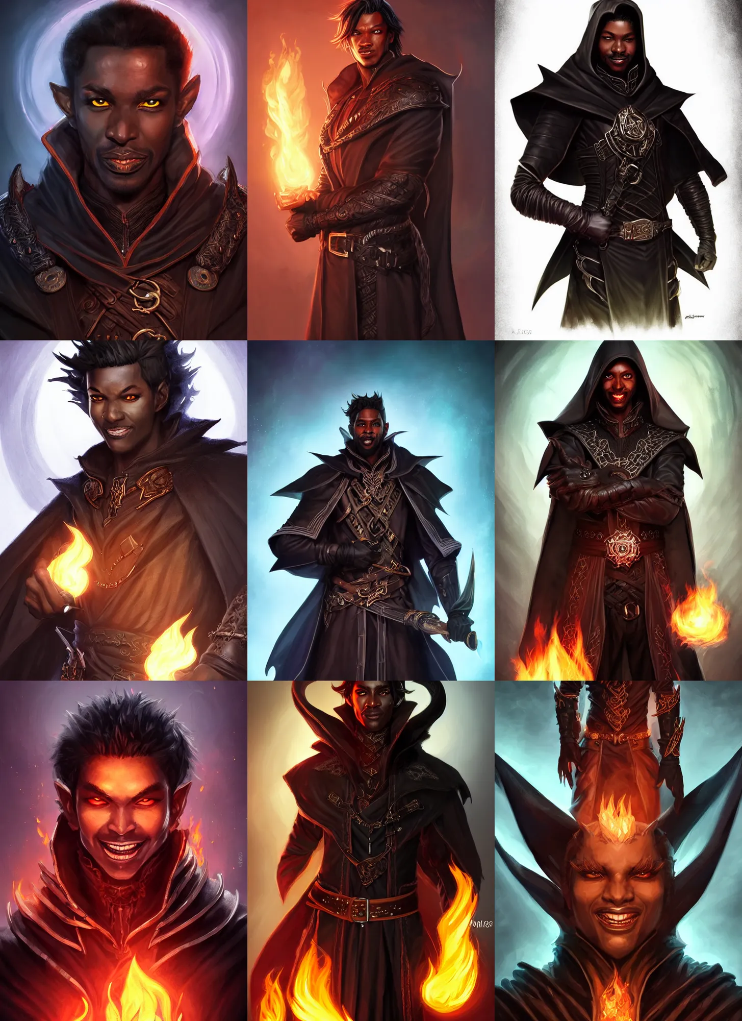 Prompt: portrait of a male warlock in the darkness, black skin, fire eyes, evil grin, leather short robes, belts, high fantasy, dnd, face details, extremely detailed, smooth, sharp focus, digital illustration, by artgerm, rossdraws, sakimichan