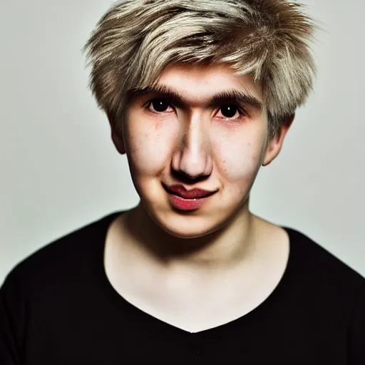 Image similar to portrait of down syndrome xqc, sharp focus, 4 k editorial photograph, soft lighting, black background