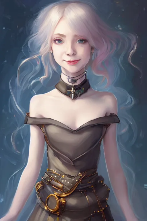 Image similar to portrait of a gorgeous young female artificer holding a strange device, looking at camera, D&D, choker on neck, stylish dress, mouth slightly open, cute slightly nerdy smile, very long flowing hair, intricate, elegant, stylish, fantasy, extremely detailed, digital painting, artstation, concept art, smooth, sharp focus, illustration, stunning lighting, art by artgerm and greg rutkowski and alphonse mucha and simon stalenhag