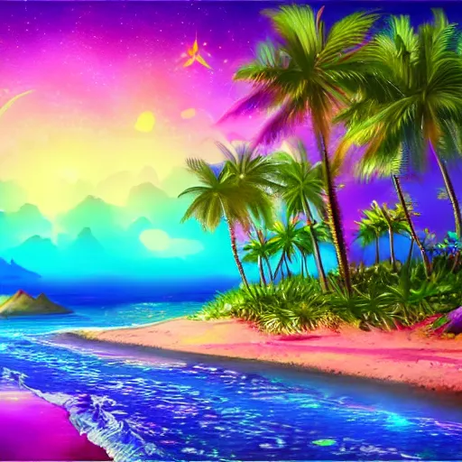 Image similar to bioluminescent colorful magical island world with palm trees and beach detailed airbrush painting 4 k