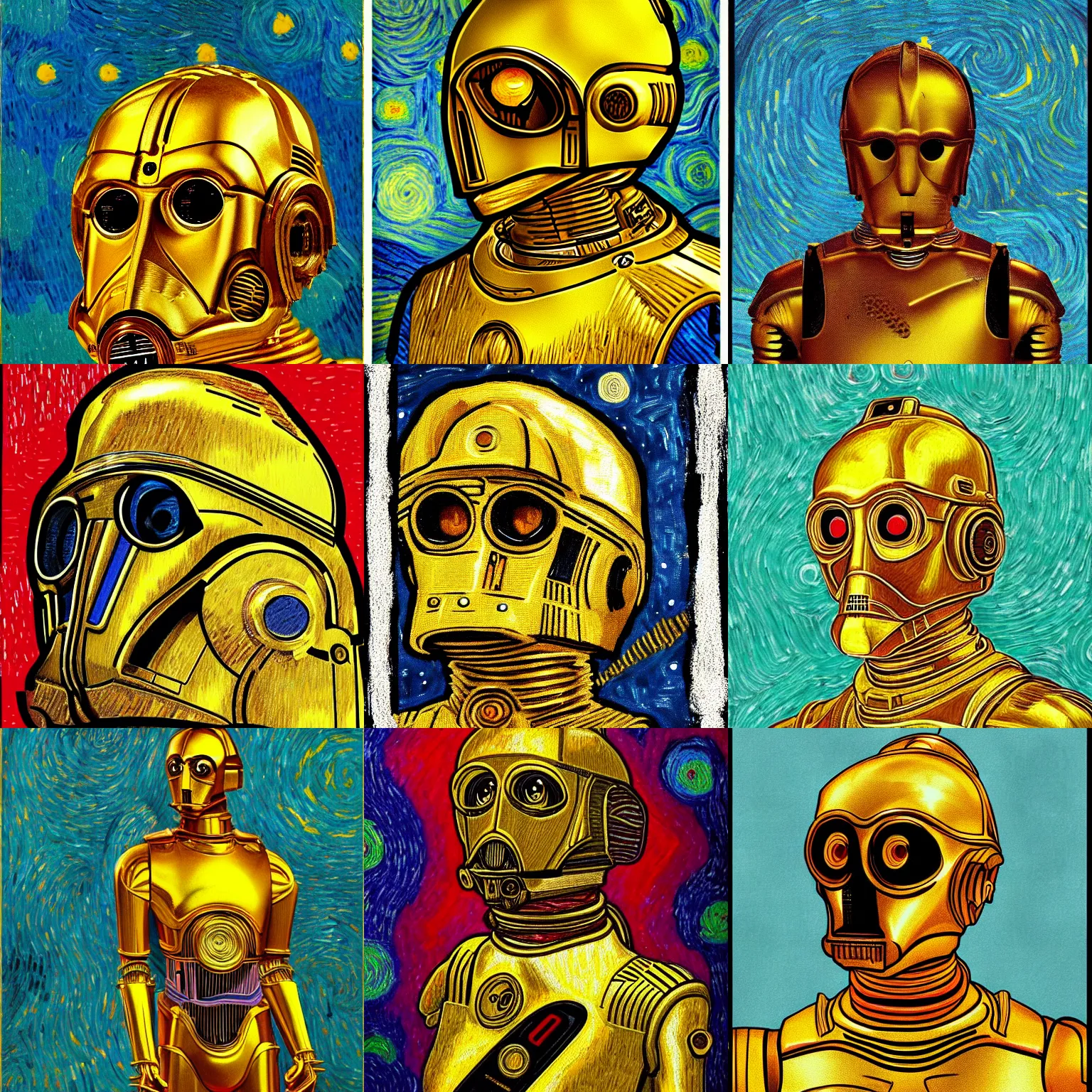 Prompt: portrait of c 3 po in the style of van gogh