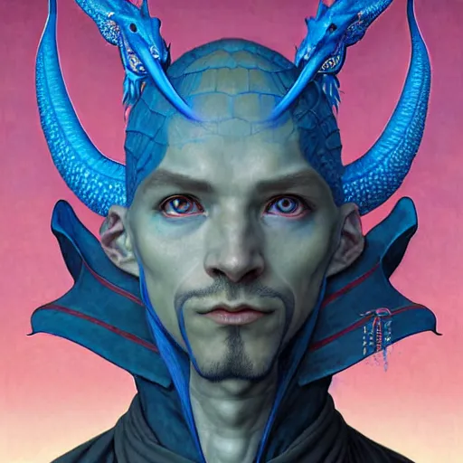 Prompt: half length portrait of a medieval fantasy anthropomorphic male blue dragon with electrcity magic, fantasy, d & d, high details, art by ( ( ( kuvshinov ilya ) ) ) and wayne barlowe and gustav klimt and artgerm and wlop and william - adolphe bouguereau