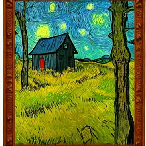 Image similar to a painting of a Eerie cabin in the middle of the woods in the style of Vincent van gogh