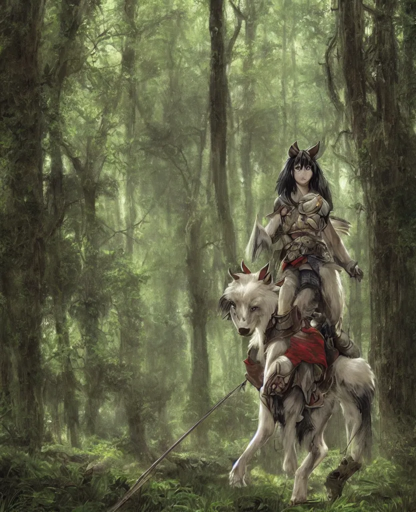 Image similar to portrait of fierce Princess Mononoke, fully clothed in armor, lush forest landscape, painted by james gurney, denoised, sharp, architectural