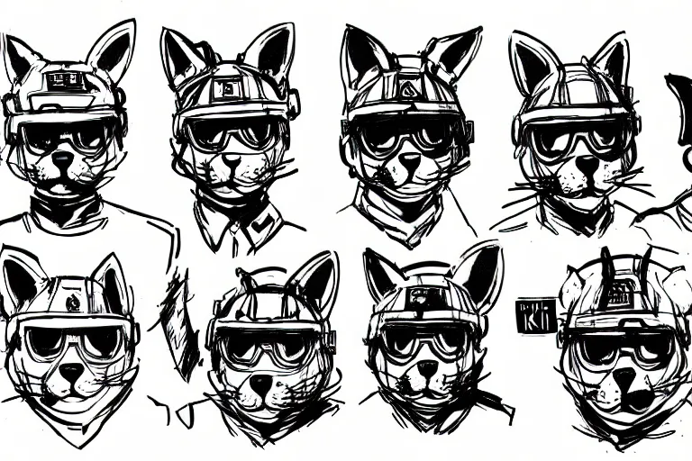 Image similar to ink study of a group of furry modern army soldiers with animal ears, fish eye perspective, key visual with intricate linework, in the style of kim jung gi