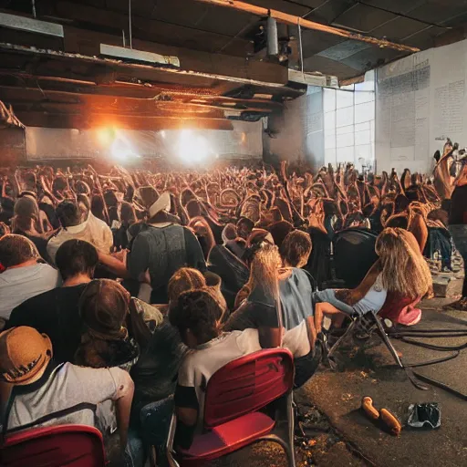 Image similar to Blistered cups of coffee are being handed out by a stringy-haired, sweaty man who is wearing an I.V. drip in his arm and a cigarette between his lips. A few people clamber up onto the stage to sit on the rickety chairs that have been set out for them; others stand along the wall or lean against the cracked concrete pillars. The only ones sitting down are those with crutches or canes—they've brought their own seats.