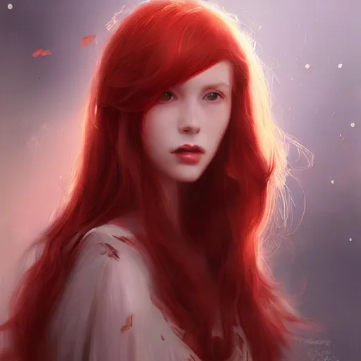 Prompt: Portrait of a red haired woman, painted by wlop, elegant, digital painting, highly detailed, fantasy, artstation, concept art, smooth, sharp focus, illustration