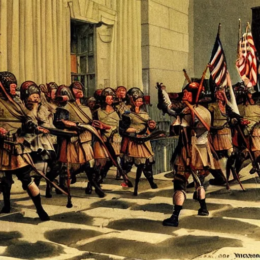 Image similar to an army of roman soldiers raids the White House, painting, stylized, by Norman Rockwell