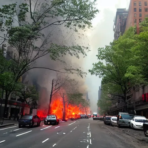 Image similar to nyc, over grown with trees, on fire