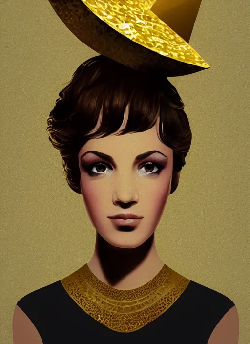 Prompt: a portrait of a beautiful girl in a gold foil hat painted by Petros Afshar and James Gilleard