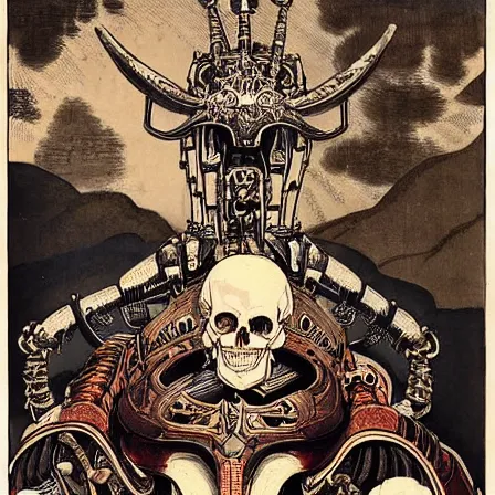 Prompt: still frame from Prometheus by Utagawa Kuniyoshi, lich king Dr doom in ornate bio cybernetic bone armour and skull mask helmet in hells bioship by Wayne Barlowe by peter Mohrbacher by Giger, dressed by Alexander McQueen and by Neri Oxman, metal couture hate couture editorial