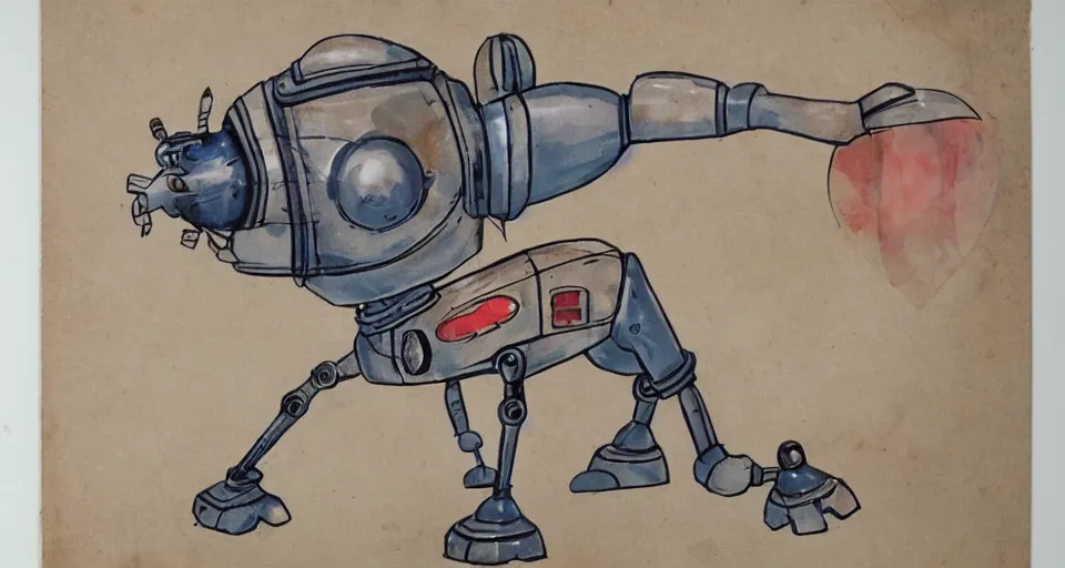Image similar to a cute retro robot dog. alcohol inks on parchment, muted colors, detailed, textured parchment background, 1 9 5 0 s concept art