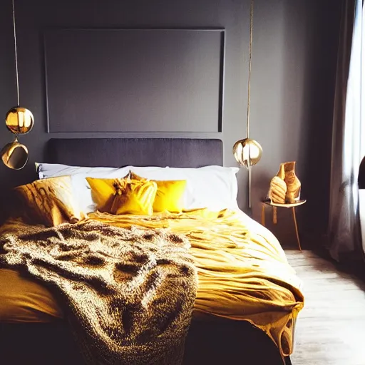 Prompt: a trendy Instagram bedroom furring golden hour, warm sunlight, yellow light, 4K