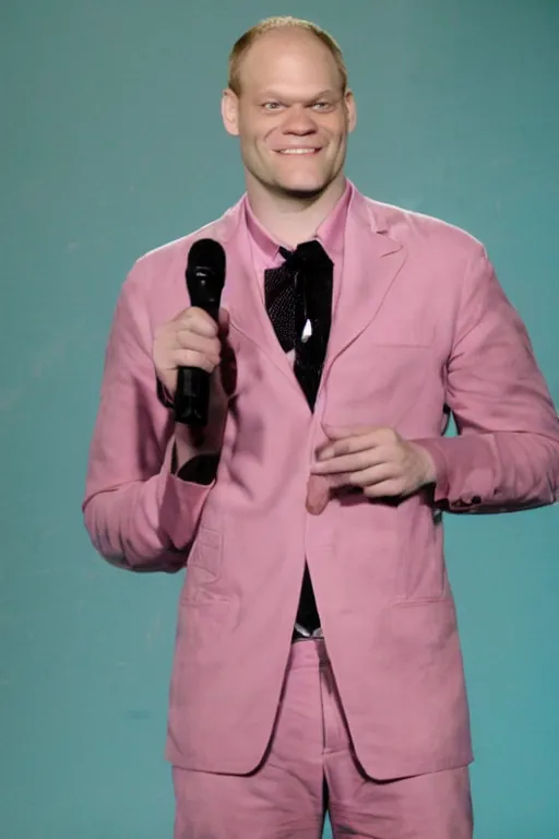 Image similar to a photo of adam sessler wearing a pretty pink dress, still from g 4 tv