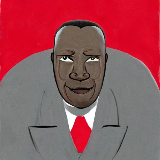 Prompt: a fatherly, aquiline nose, wide forehead, round face, XXL , loving, caring, generous, ever-present, humble, wise elder from Kenya with a friendly expression in a grey suit and red tie painted by Kara Walker. Fatherly/daddy, focused, loving, leader, relaxed,. ethereal lights, details, smooth, sharp focus, illustration, realistic, cinematic, artstation, award winning, rgb , unreal engine, octane render, cinematic light, macro, depth of field, blur, red light and clouds from the back, highly detailed epic cinematic concept art CG render made in Maya, Blender and Photoshop, octane render, excellent composition, dynamic dramatic cinematic lighting, aesthetic, very inspirational, arthouse.