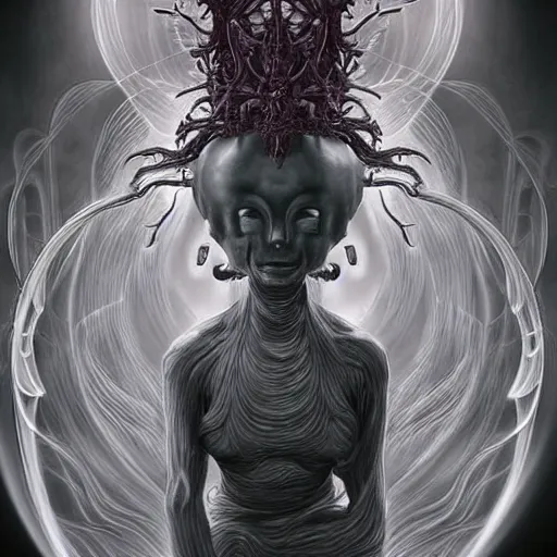 Image similar to naraka buddhist demon korean female, volumetric lights post apocaliptic background, female alien, tubular creature, blood vessels, no face, dystopian surrealism, alex ries zdzisław beksinski, symmetrical long head, smooth marble surfaces, smooth marble surfaces, detailed ink illustration, detailed ink illustration, raiden metal gear, cinematic smooth stone, deep aesthetic