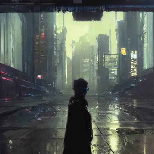 Image similar to empty sidewalk of a cyberpunk megacity, dramatic lighting, detailed background, gorgeous view, realistic, high detail, depth of field, lightrays, atmospheric, digital art, painted by greg rutkowski, painted by jeremy mann, painted by alphonse mucha, trending on artstation