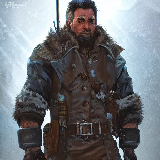 Prompt: A comic book style portrait painting of a male sheriff in a a post apocalyptic winter landscape, unreal 5, DAZ, hyperrealistic, octane render, RPG portrait, ambient light, dynamic lighting