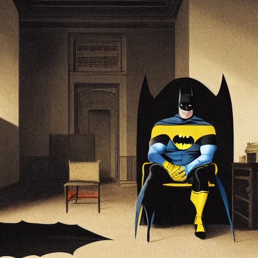 Prompt: a picture of batman sitting in a therapists office, 4 k, ultra detailed, by jacques - louis david