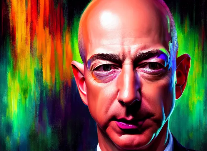 Prompt: A psychedelic portrait of jeff bezos forehead demonic horns black eyes , vibrant color scheme, highly detailed, in the style of romanticism, cinematic, artstation, Moebius, Greg rutkowski