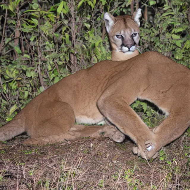Image similar to cougar in forest at night, night vision goggles, shot from ground up, grainy