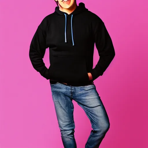 Prompt: Man wearing black jeans and a black hoodie, back turned to the camera, on a pink and blue gradient background