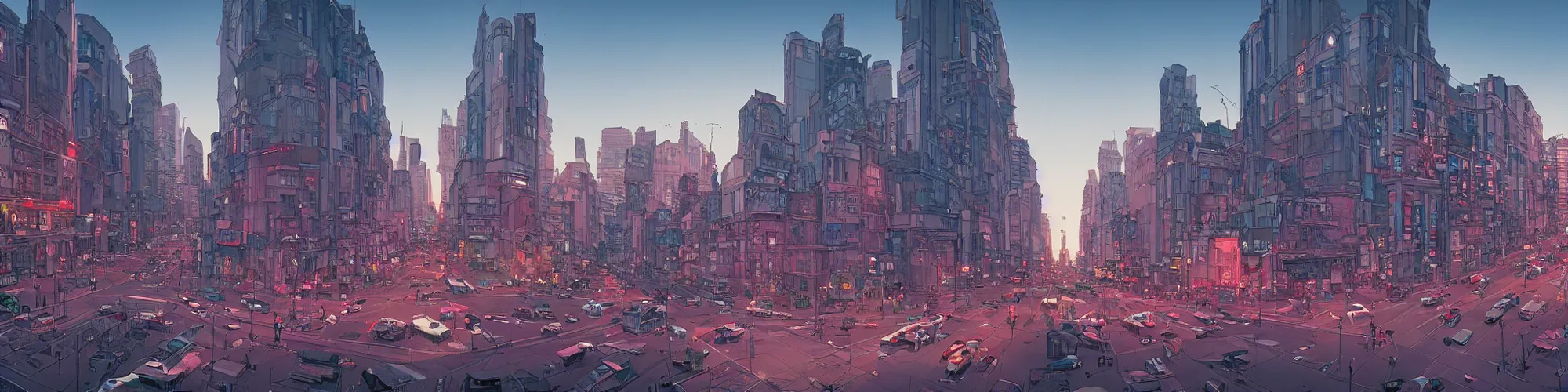 Image similar to panorama view of a city, on the street, no cars. sharp focus, cinematic pose, cinematic lighting, unreal engine render. art by josan gonzales and moebius and deathburger.