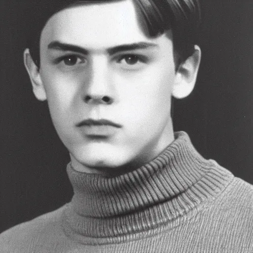 Prompt: a yearbook photo taken waist up of Jughead Jones in 1966, he is wearing a turtleneck sweater with a line in the shape of the letter S on it